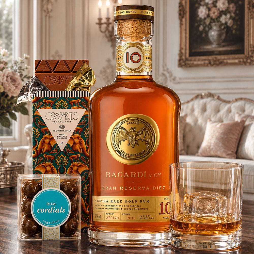 Bacardi Gran Reserva 10 with Compartes Chocolate, Rocks Glass and Sugarfina Candy Rum Gift Set | Bottle Engraving