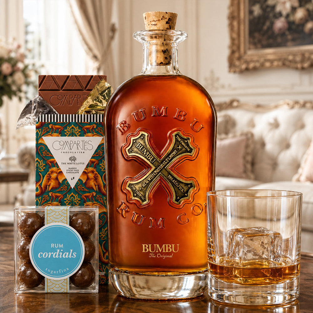 Bumbu Original with Compartes Chocolate, Rocks Glass and Sugarfina Candy Rum Gift Set | Bottle Engraving