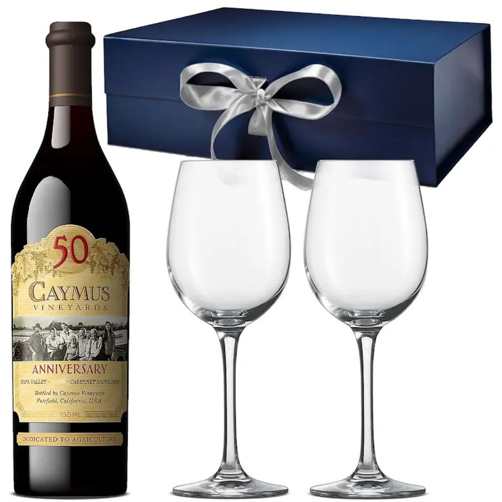 Caymus Vineyards 50th Anniversary Cabernet Sauvignon Wine Gift Set with Elegant Wine Glasses | Bottle Engraving LLC