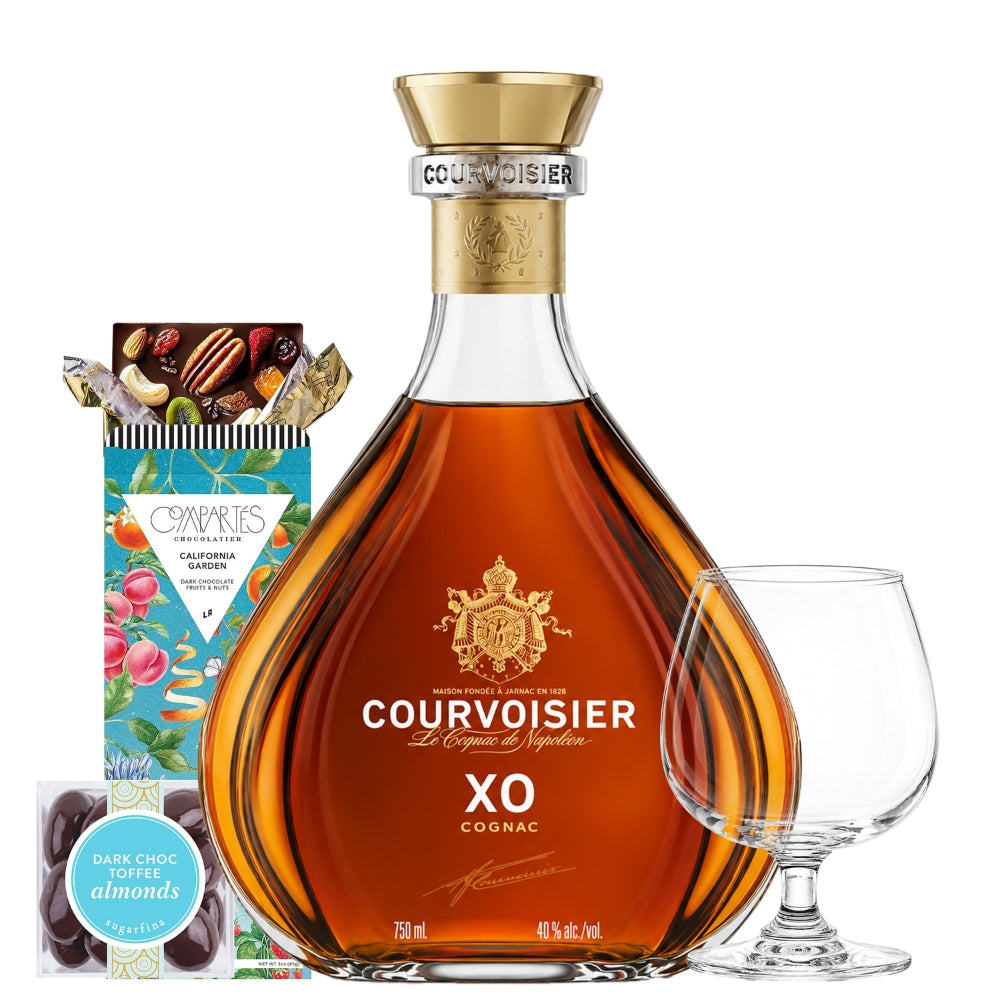 Courvoisier XO with Compartes Chocolate, Sniffer Glass and Sugarfina Toffee Almonds Candy Gift Set | Bottle Engraving