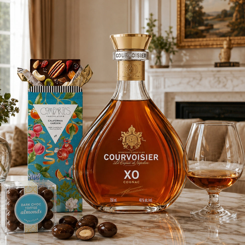 Courvoisier XO with Compartes Chocolate, Sniffer Glass and Sugarfina Toffee Almonds Candy Gift Set | Bottle Engraving