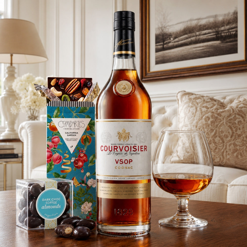 Courvosier VSOP with Compartes Chocolate, Sniffer Glass and Sugarfina Toffee Almonds Candy Gift Set | Bottle Engraving