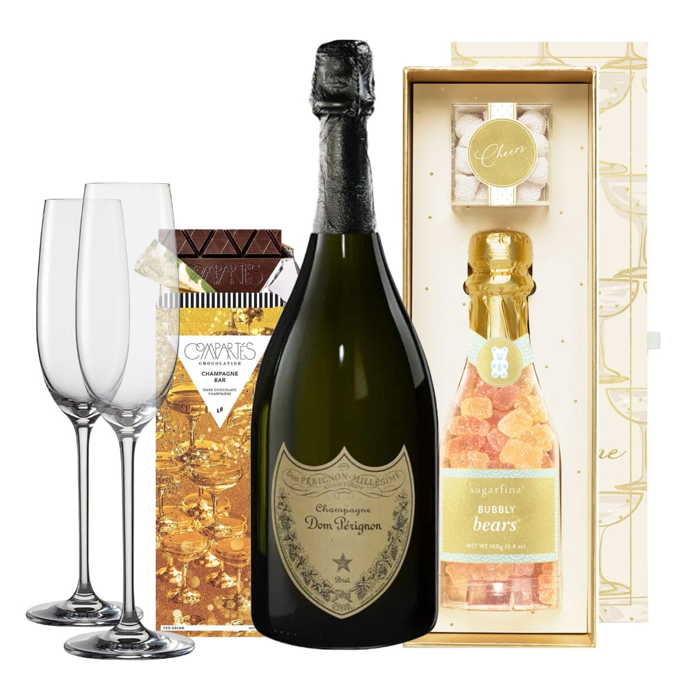 Dom Perignon Vintage Wedding Champagne Gift Set with Sugarfina Candy Chocolate & Engraved Flutes | Bottle Engraving