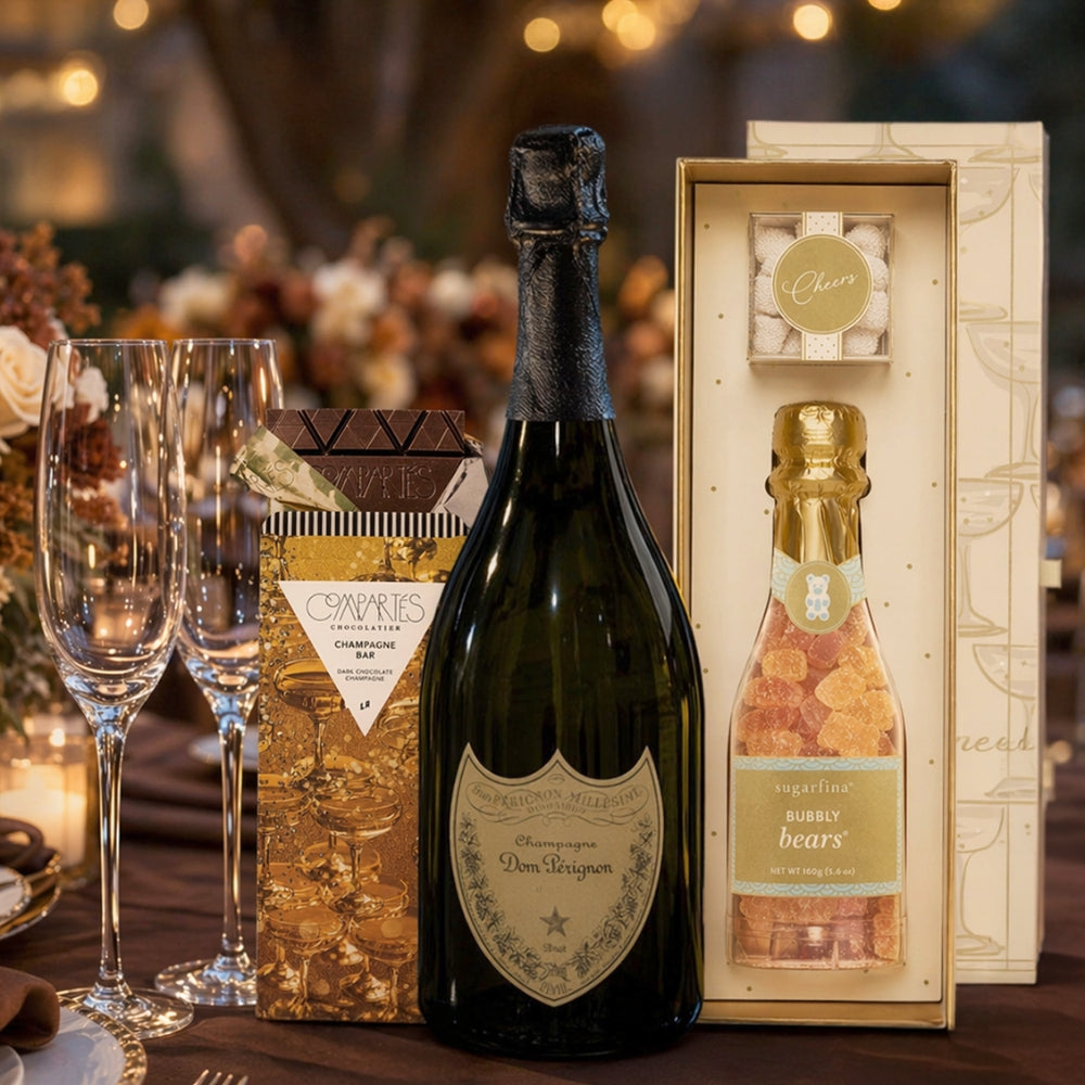 Dom Perignon Vintage Wedding Champagne Gift Set with Sugarfina Candy Chocolate & Engraved Flutes | Bottle Engraving