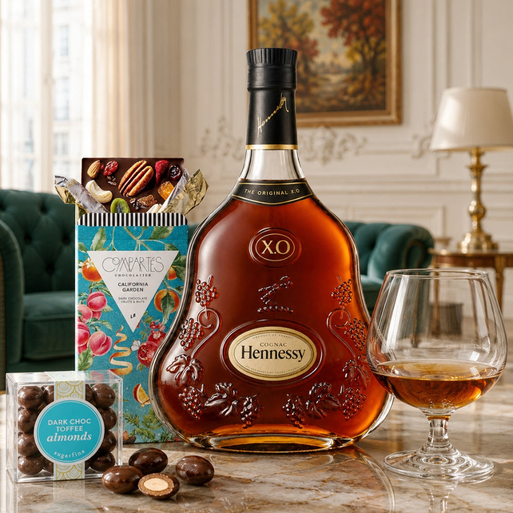 Hennessy XO with Compartes Chocolate, Sniffer Glass and Sugarfina Toffee Almonds Candy Gift Set | Bottle Engraving