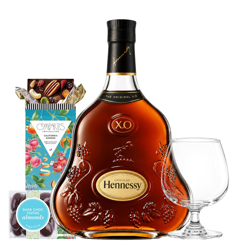 Hennessy XO with Compartes Chocolate, Sniffer Glass and Sugarfina Toffee Almonds Candy Gift Set | Bottle Engraving