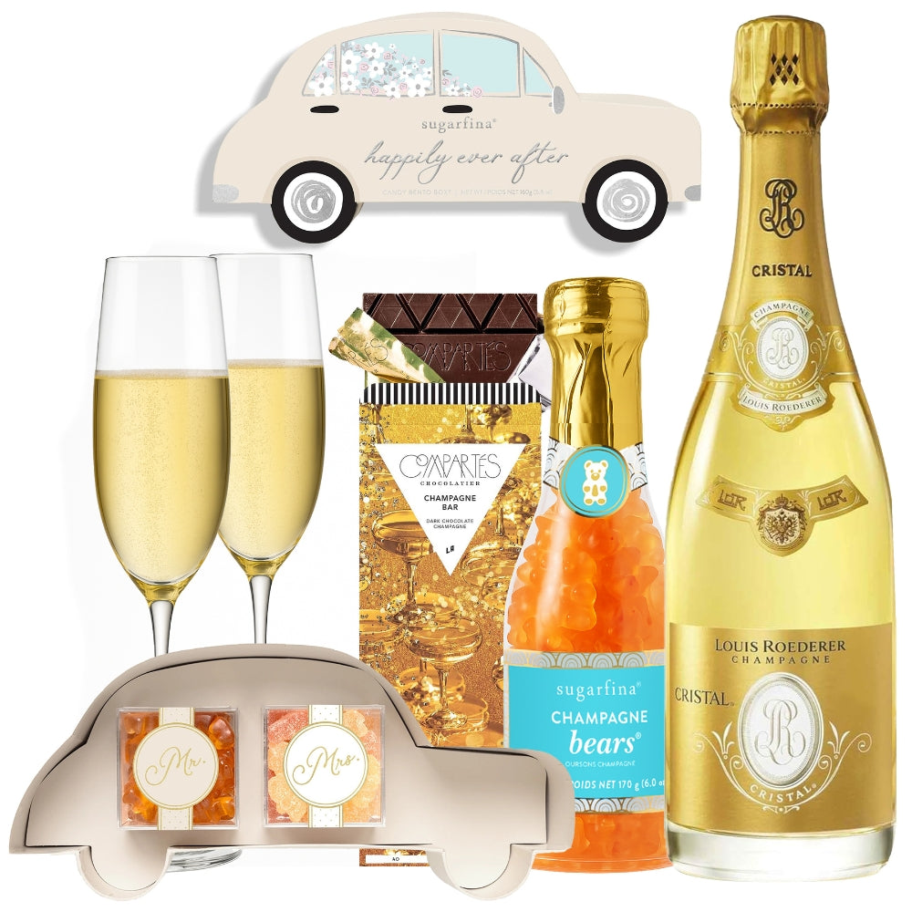 Louis Roederer Cristal Champagne Wedding Candy Gift Set With Customizable Champagne Flutes | Bottle Engraving
