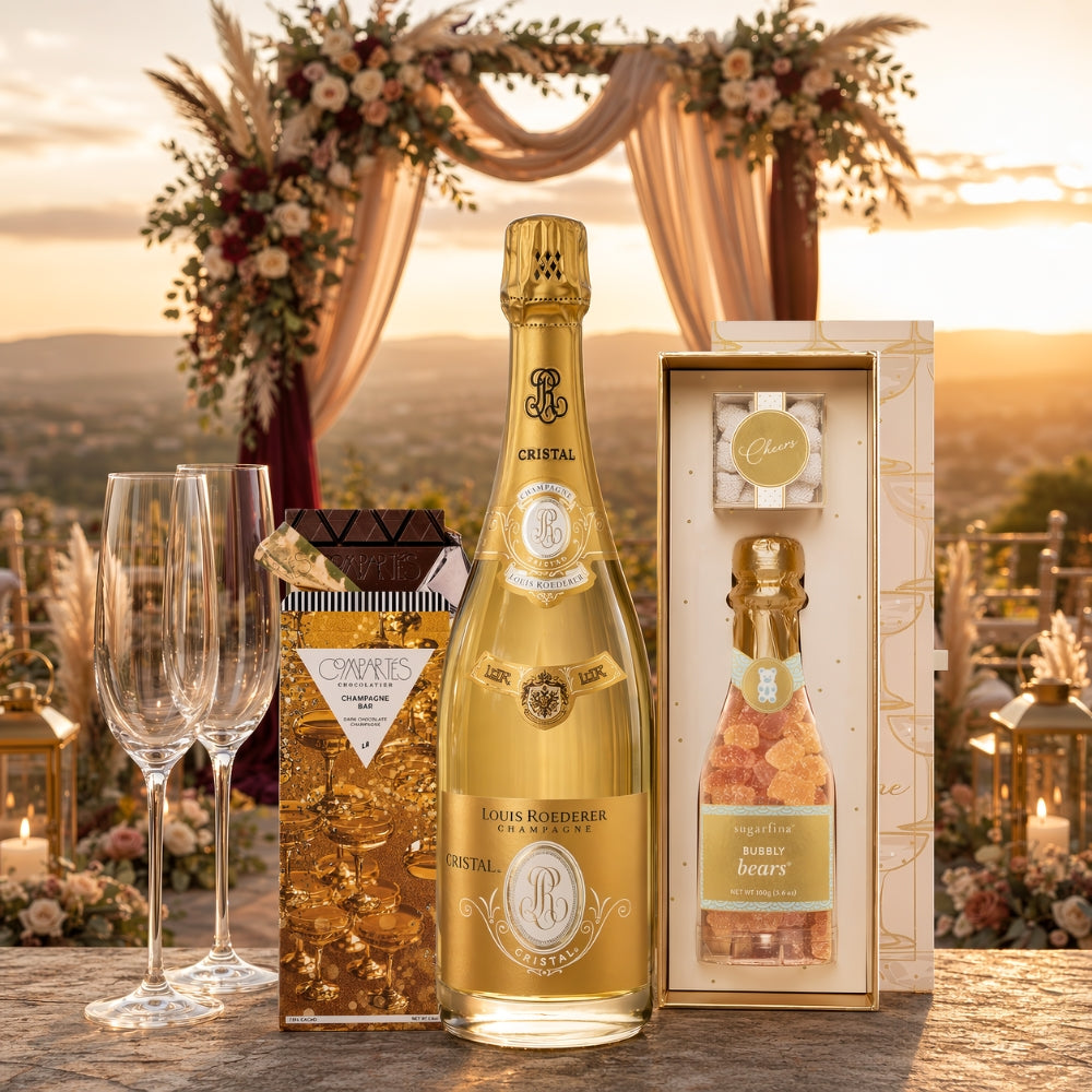 Louis Roederer Cristal Wedding Champagne Gift Set with Sugarfina Candy Chocolate & Engraved Flutes | Bottle Engraving