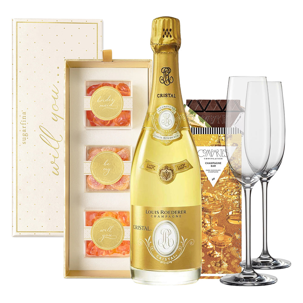Louis Roederer Cristal Champagne with Flutes, Compartés Chocolate & Sugarfina Candy Gift Set | Bottle Engraving