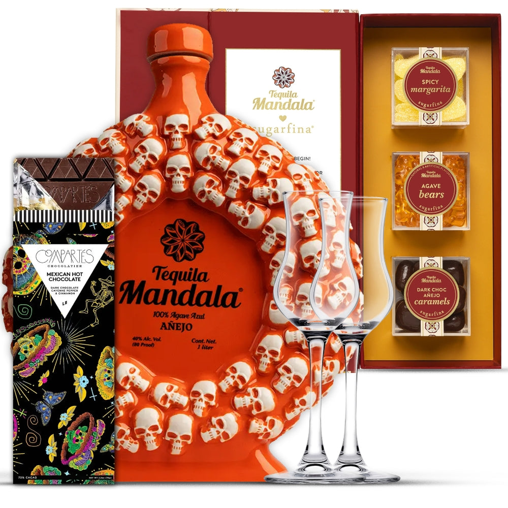 Mandala 100% Agave Azul AÑEJO (Skull Design) Tequila Luxury Gift Set | Bottle Engraving
