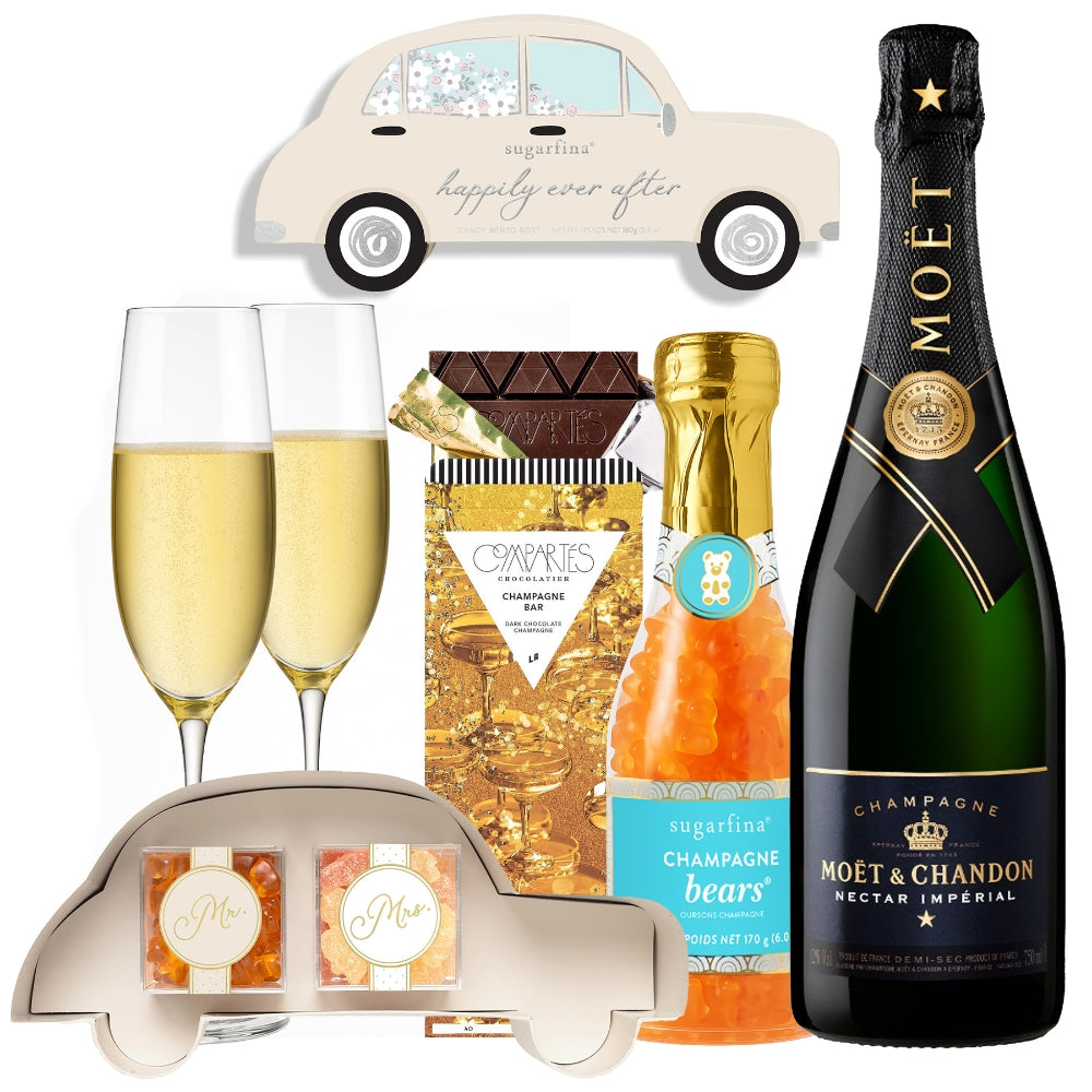 Moet & Chandon Nectar Imperial Champagne Wedding Candy Gift Set With Customizable Champagne Flutes | Bottle Engraving