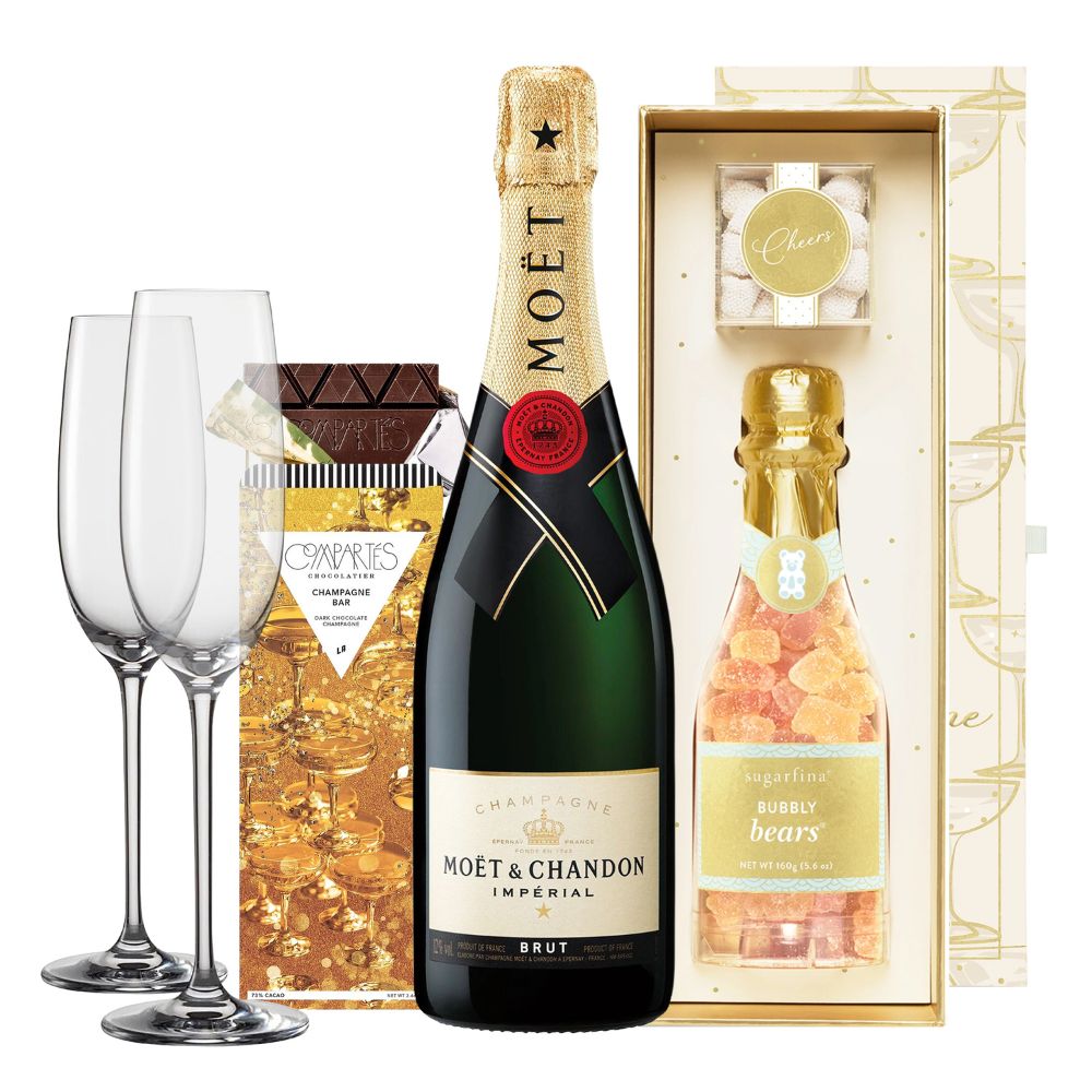 Moet & Chandon Wedding Champagne Gift Set with Sugarfina Candy Chocolate & Engraved Flutes | Bottle Engraving