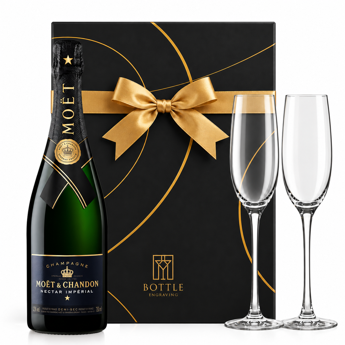Moët & Chandon Nectar Impérial Champagne gift set with two champagne flutes and a black Bottle Engraving gift box tied with a gold bow.