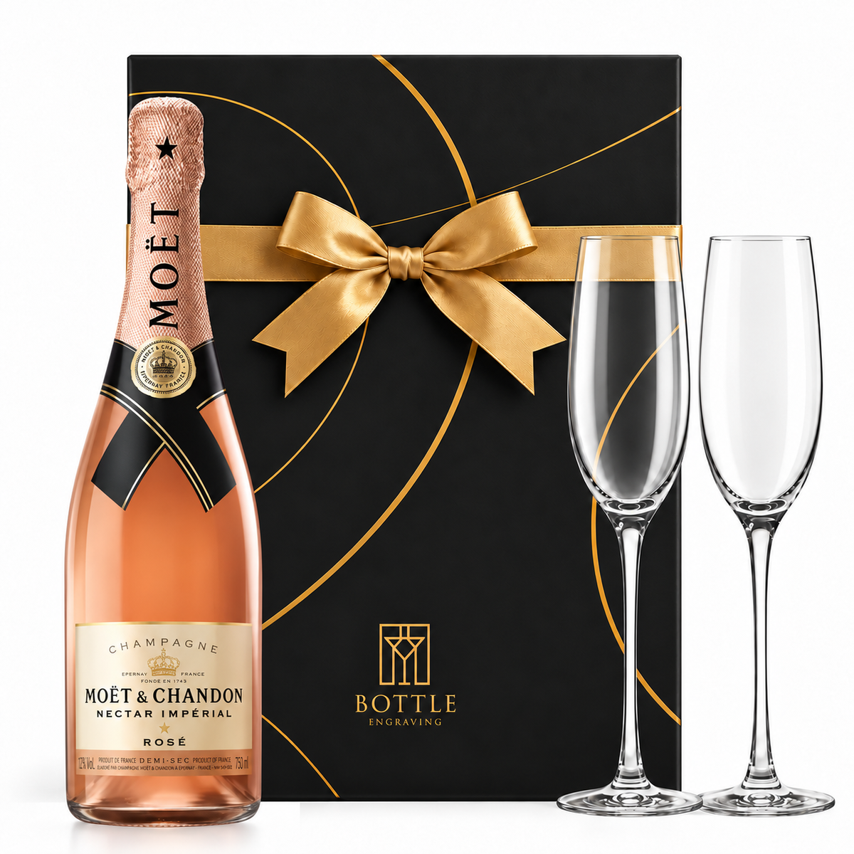Moët & Chandon Nectar Impérial Rosé Champagne gift set with two champagne flutes and a black Bottle Engraving gift box with a gold bow.