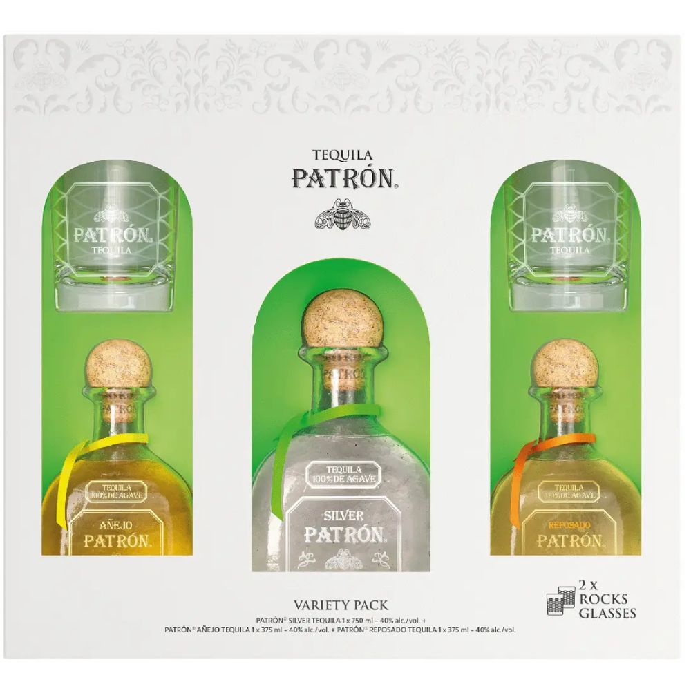 Patrón Tequila Variety Pack with Rocks Glasses Gift Set | Bottle Engraving LLC