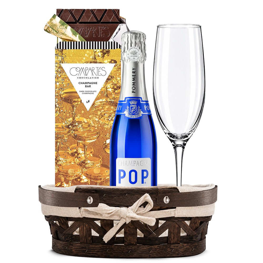 Pommery POP Extra Dry Champagne Gift Basket with Champagne Flute & Compartés Champagne Chocolate Bar Gift Set | Bottle Engraving