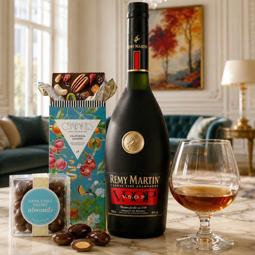 Remy Martin VSOP with Compartes Chocolate, Sniffer Glass and Sugarfina Toffee Almonds Candy Gift Set | Bottle Engraving