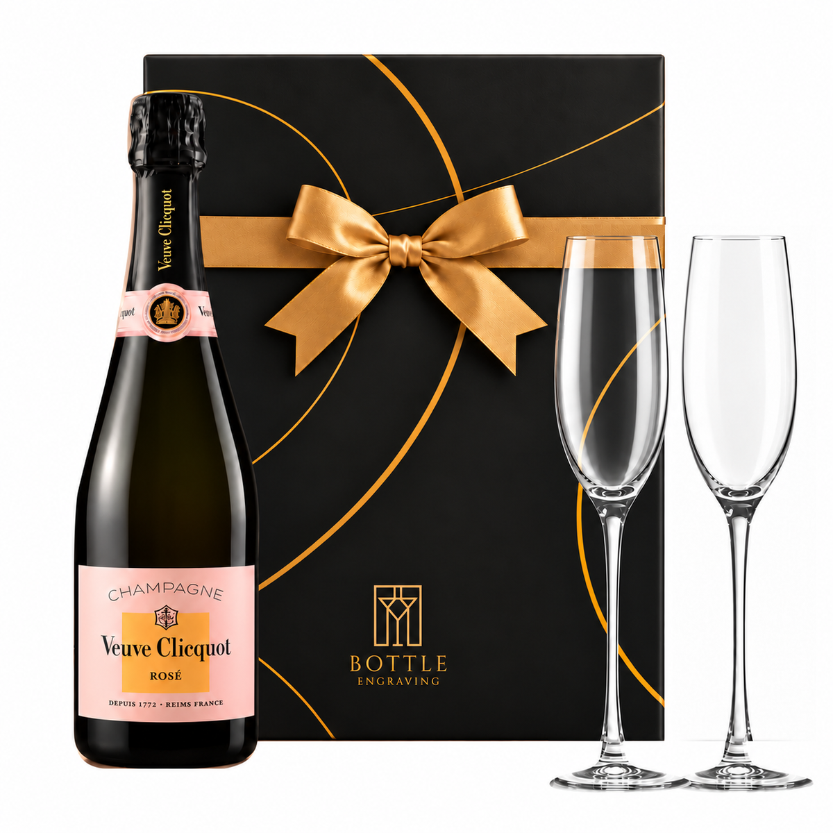 Two clear champagne flutes with slender stems, included in the Dom Pérignon Champagne gift set.