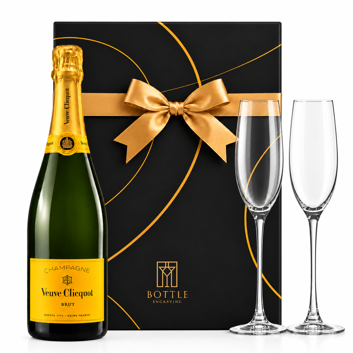 Veuve Clicquot Brut Champagne gift set with two champagne flutes and a black Bottle Engraving gift box tied with a gold bow.