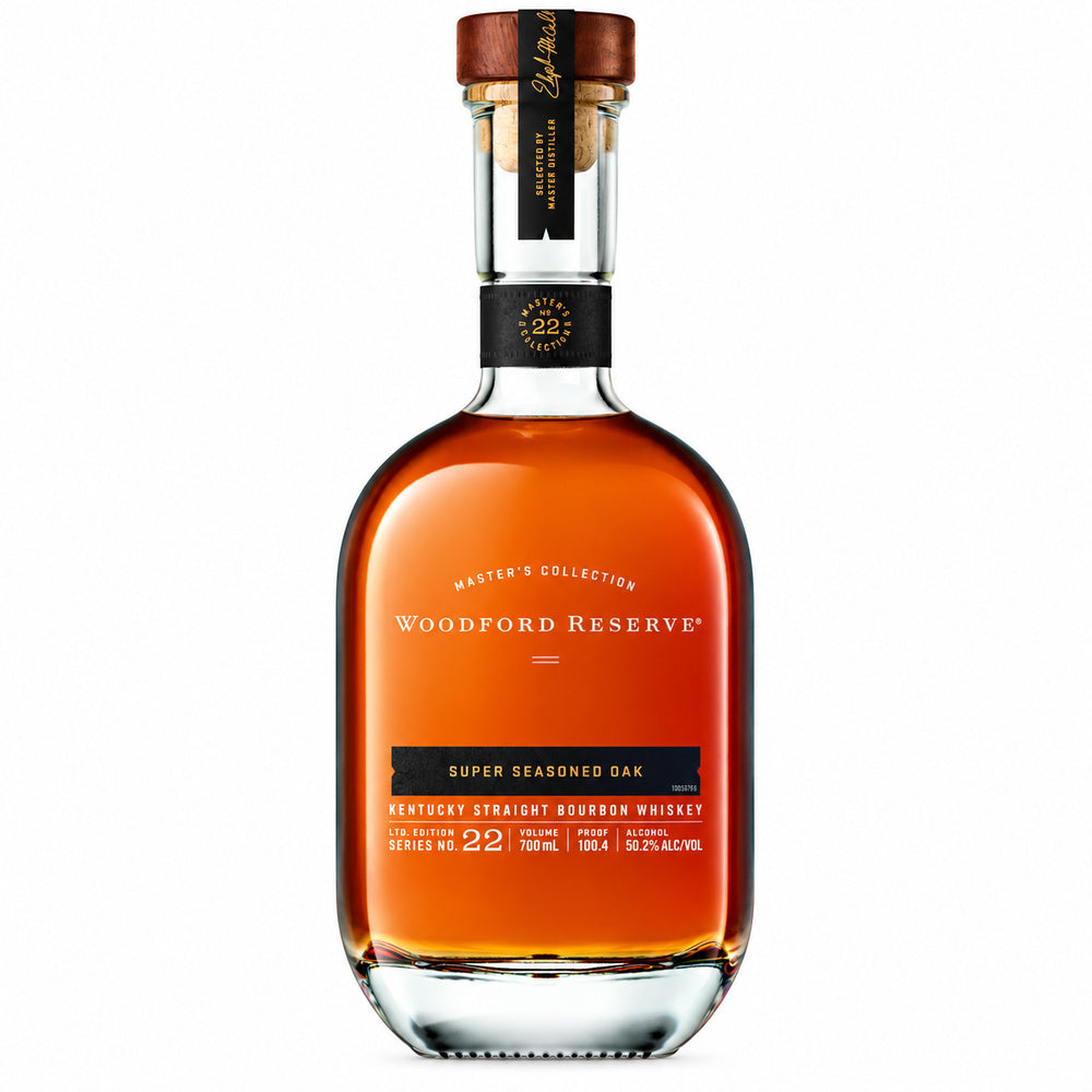 Woodford Reserve Master's Collection Super Seasoned Oak Kentucky Straight Bourbon Whiskey, Series No. 22, 700ml bottle, front view on white background.