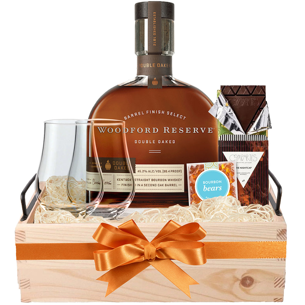 Woodford Reserve Whiskey Basket with Glencairn Glasses - Bottle Engraving