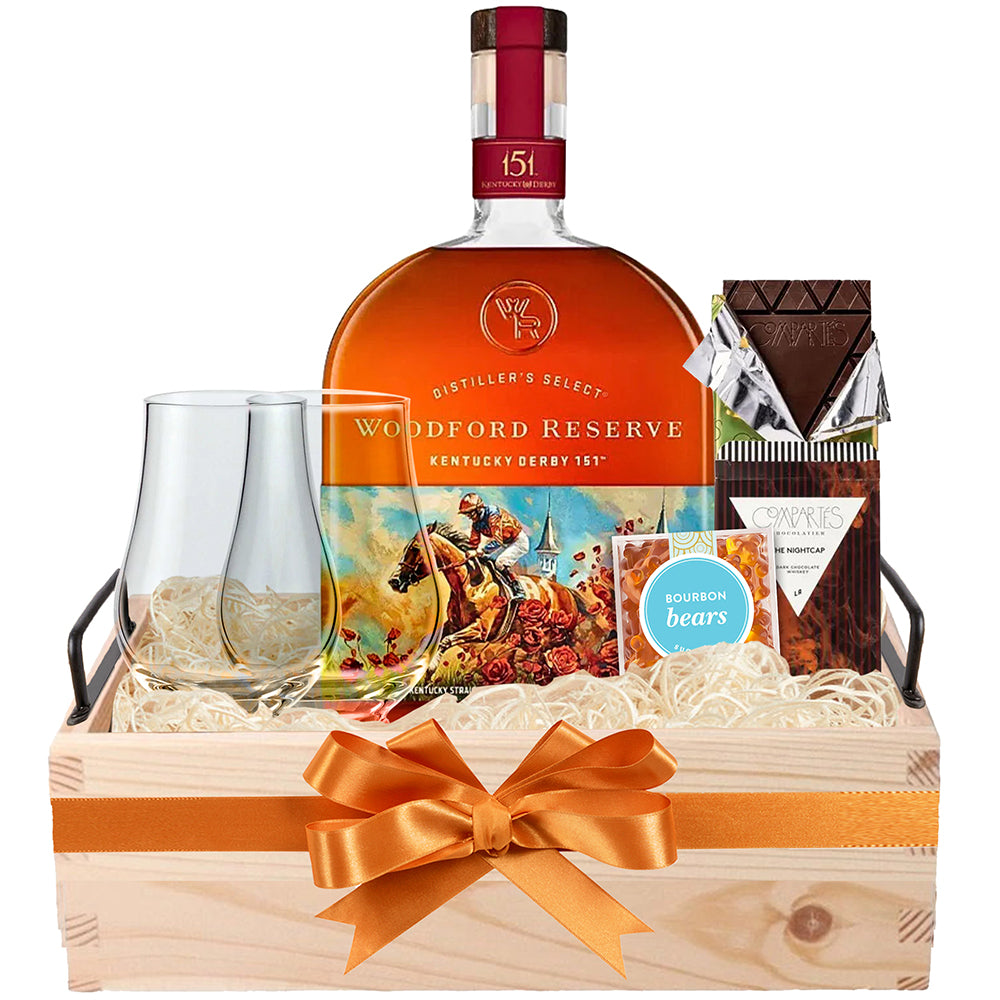 Woodford Reserve Whiskey Basket with Glencairn Glasses - Bottle Engraving