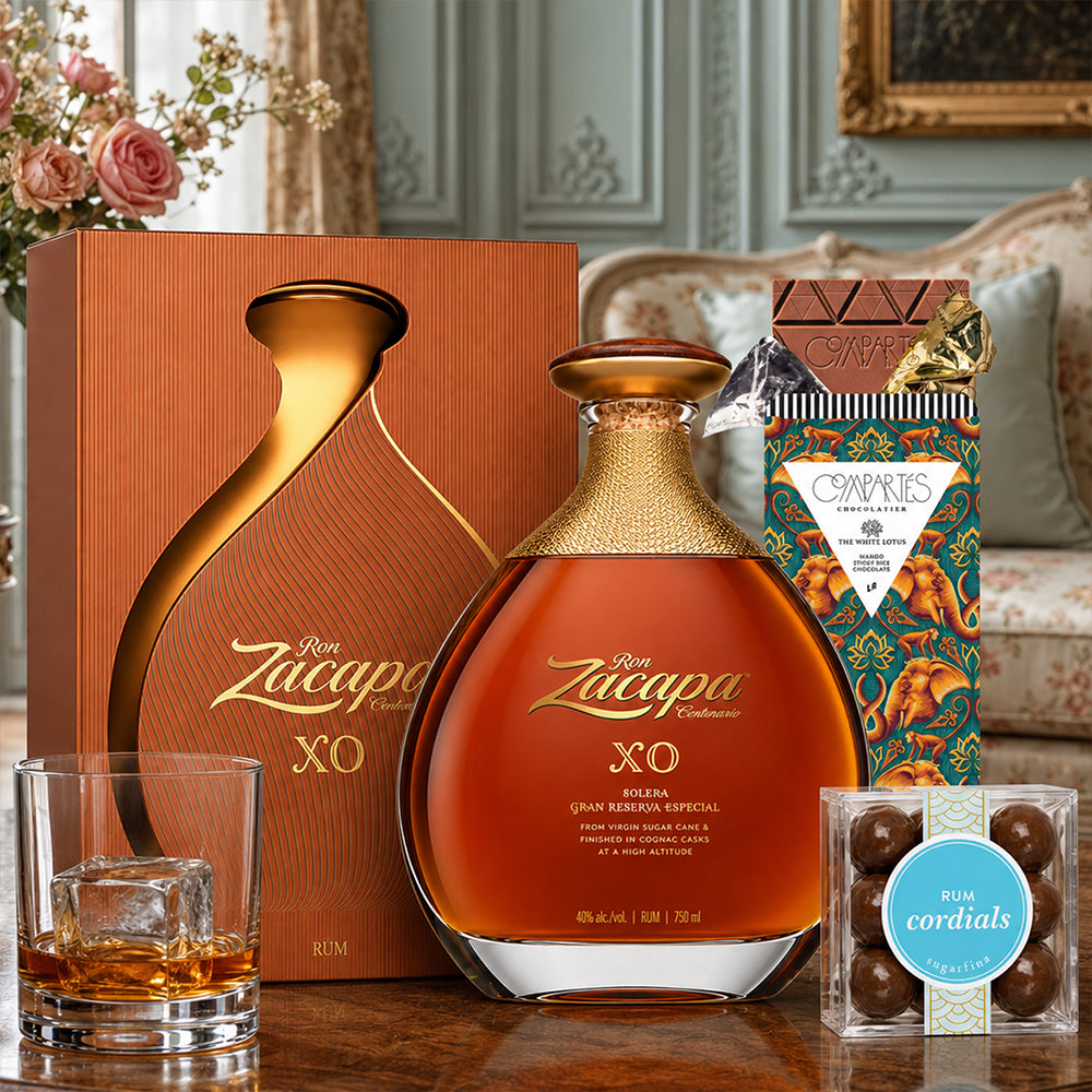 Zacapa Solera XO with Compartes Chocolate, Rocks Glass and Sugarfina Candy Rum Gift Set | Bottle Engraving