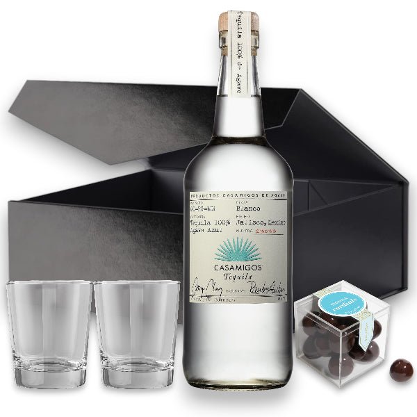 Casamigos Choice of Tequila or Mezcal, Shot Glasses and Candy Gift Set - Bottle Engraving