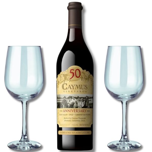 Caymus Cabernet Sauvignon 50th Anniversary, Napa 2022 Two Personalized Glasses Gift Set - Bottle Engraving