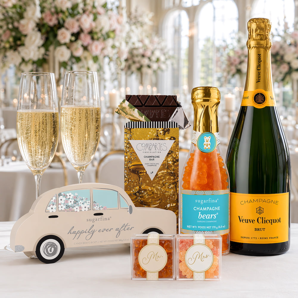 Champagne Wedding Gift Set With Car Shaped Candy Box, Complimentary engraved Flutes, Veuve Clicquot Brut and Chocolate