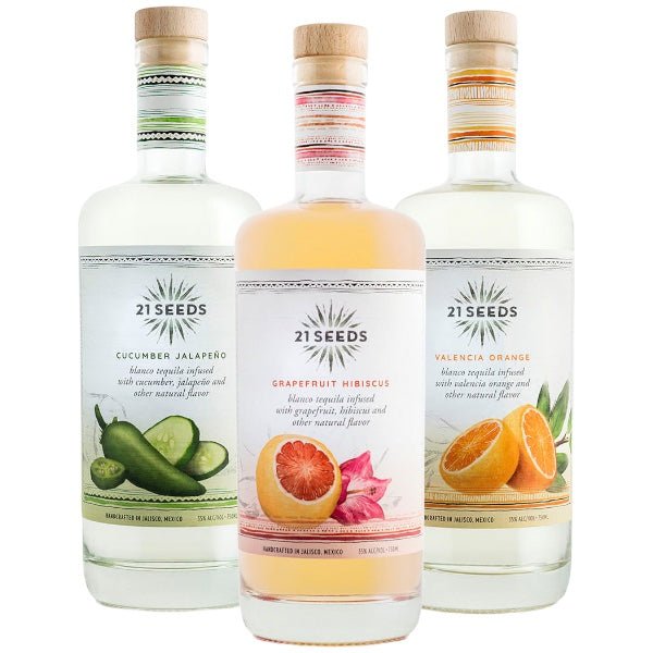 21 Seeds Cucumber Jalapeno, Grapefruit Hibiscus and Valencia Orange Tequila Bundle - Bottle Engraving