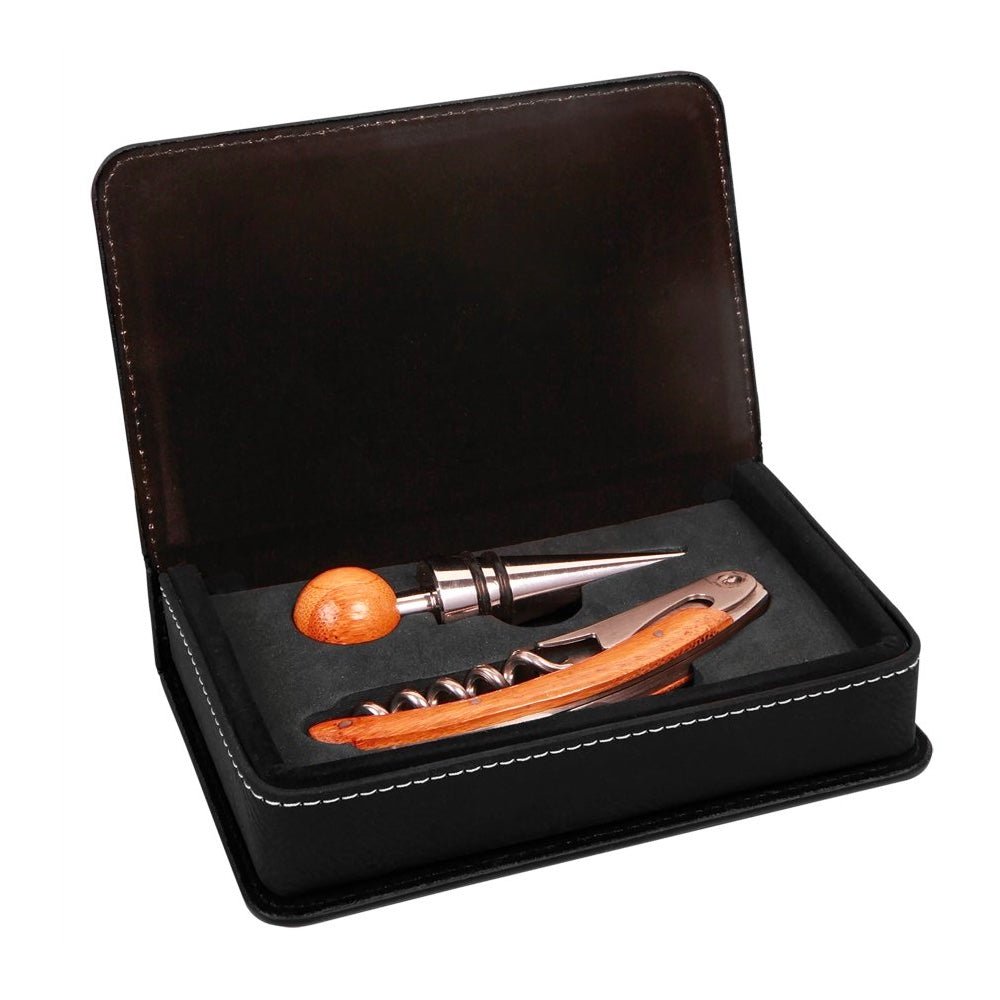 Black/Silver Engravable Leatherette 2-Piece Wine Tool Gift Set - Bottle Engraving