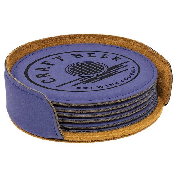 Customizable Round Leatherette 6 Coasters Set - Bottle Engraving