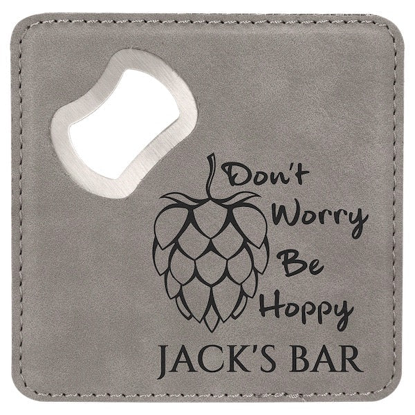 Customizable Square Leatherette Bottle Opener Coaster - Bottle Engraving