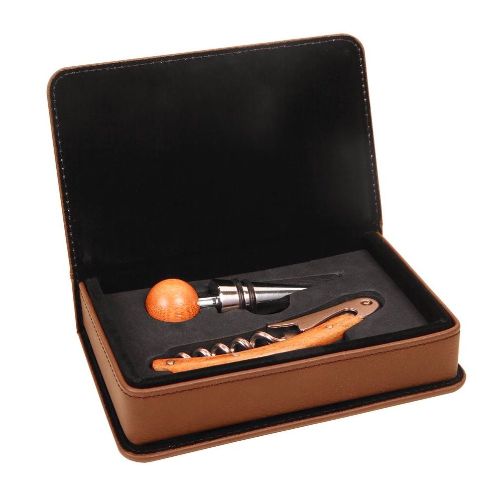 Dark Brown Engravable Leatherette 2-Piece Wine Tool Gift Set - Bottle Engraving
