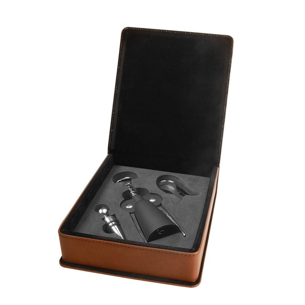 Dark Brown Engravable Leatherette 3-Piece Wine Tool Gift Set - Bottle Engraving