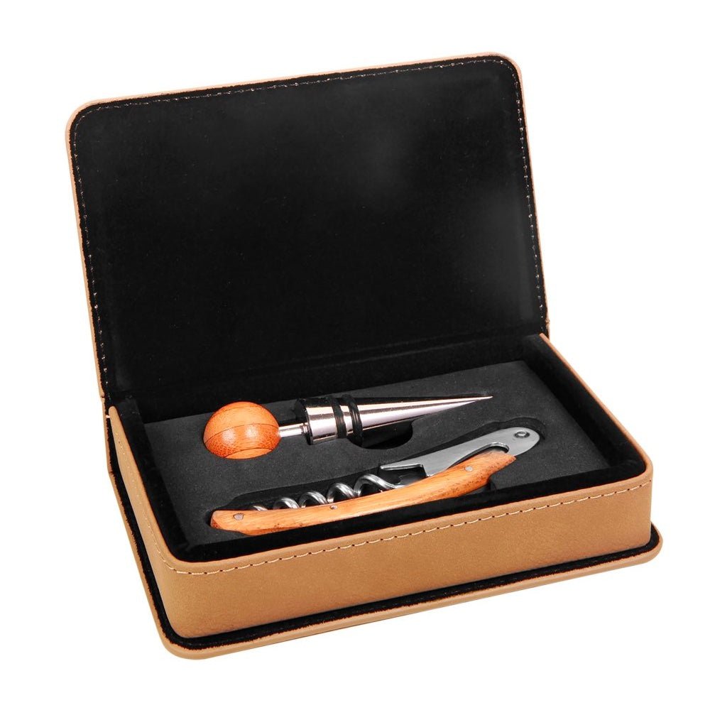 Light Brown Engravable Leatherette 2-Piece Wine Tool Gift Set - Bottle Engraving