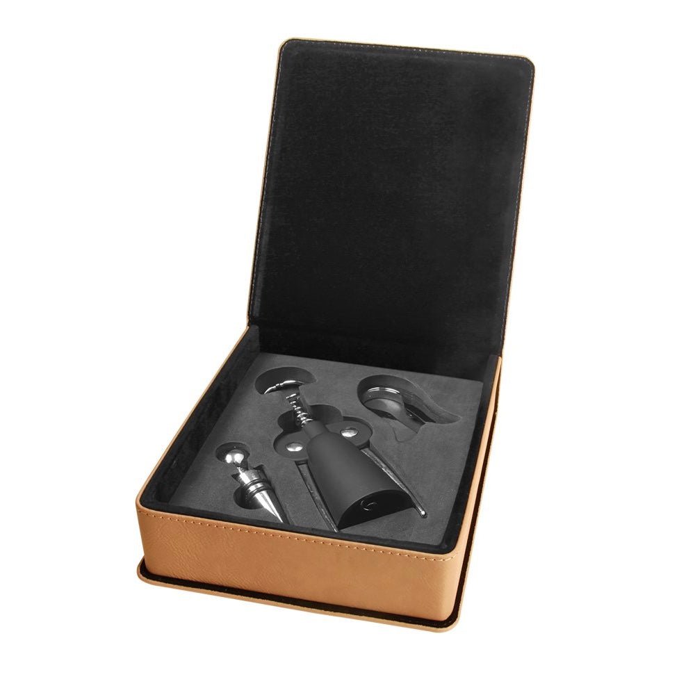 Light Brown Engravable Leatherette 3-Piece Wine Tool Gift Set - Bottle Engraving