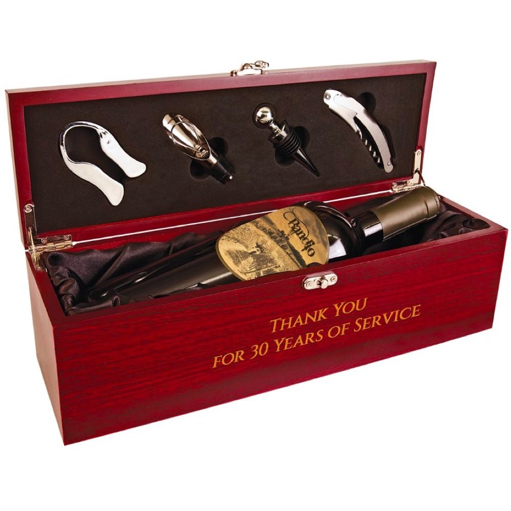 Rosewood Finish Single Wine Gift Box with Tools & Black Lining - Bottle Engraving