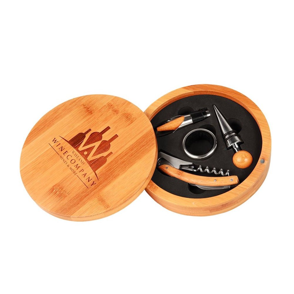 Round Engravable Bamboo 4-Piece Wine Tool Gift Set - Bottle Engraving