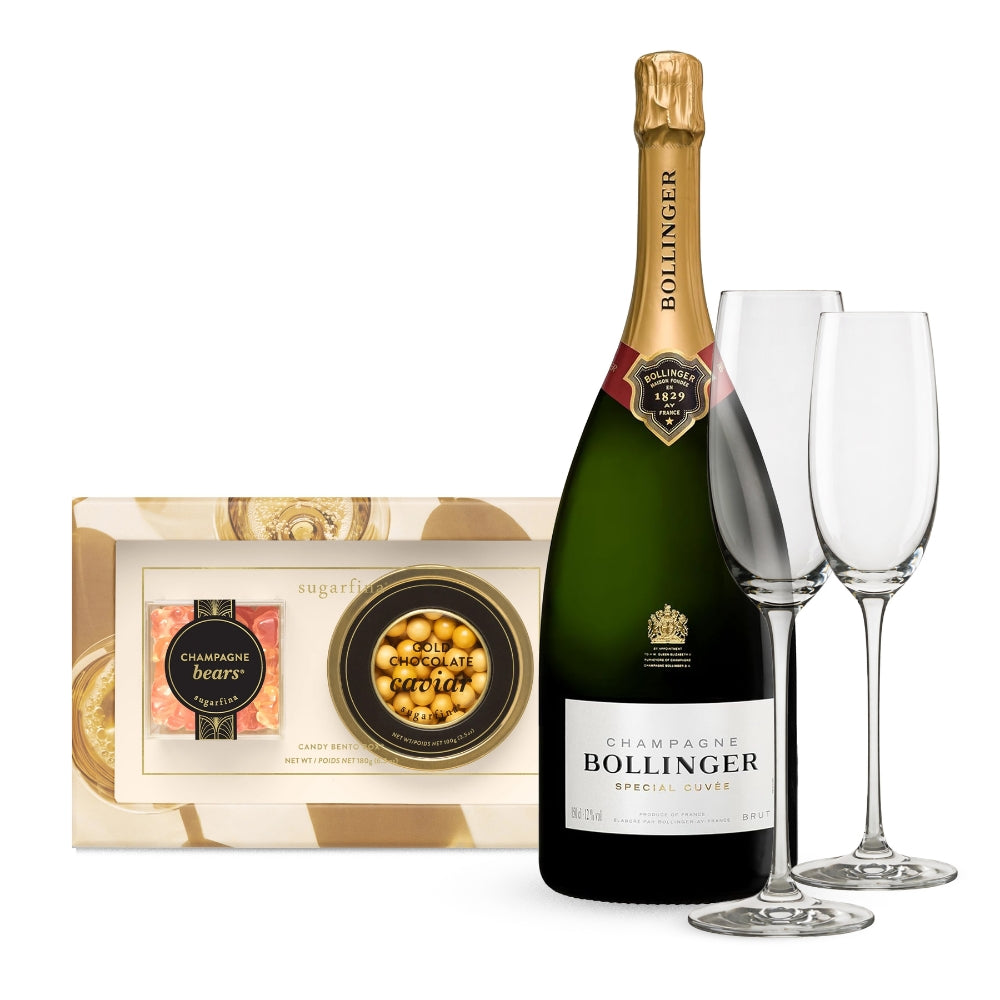 Bollinger Special Cuvée Brut Champagne & Sugarfina Candy Gift Set with Champagne Flutes Engraved for Free | Bottle Engraving