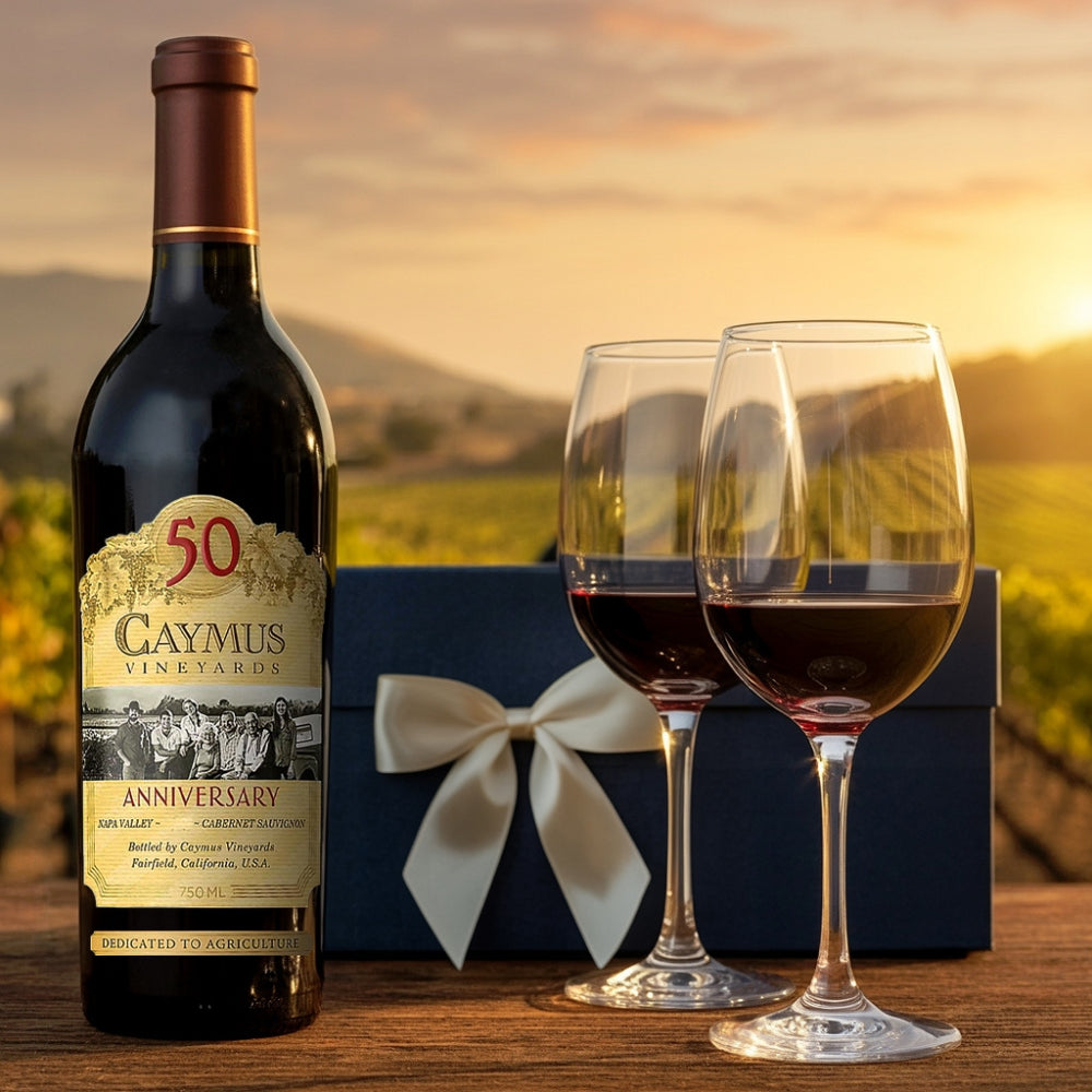 Caymus Vineyards 50th Anniversary Cabernet Sauvignon Wine Gift Set with Elegant Wine Glasses | Bottle Engraving LLC