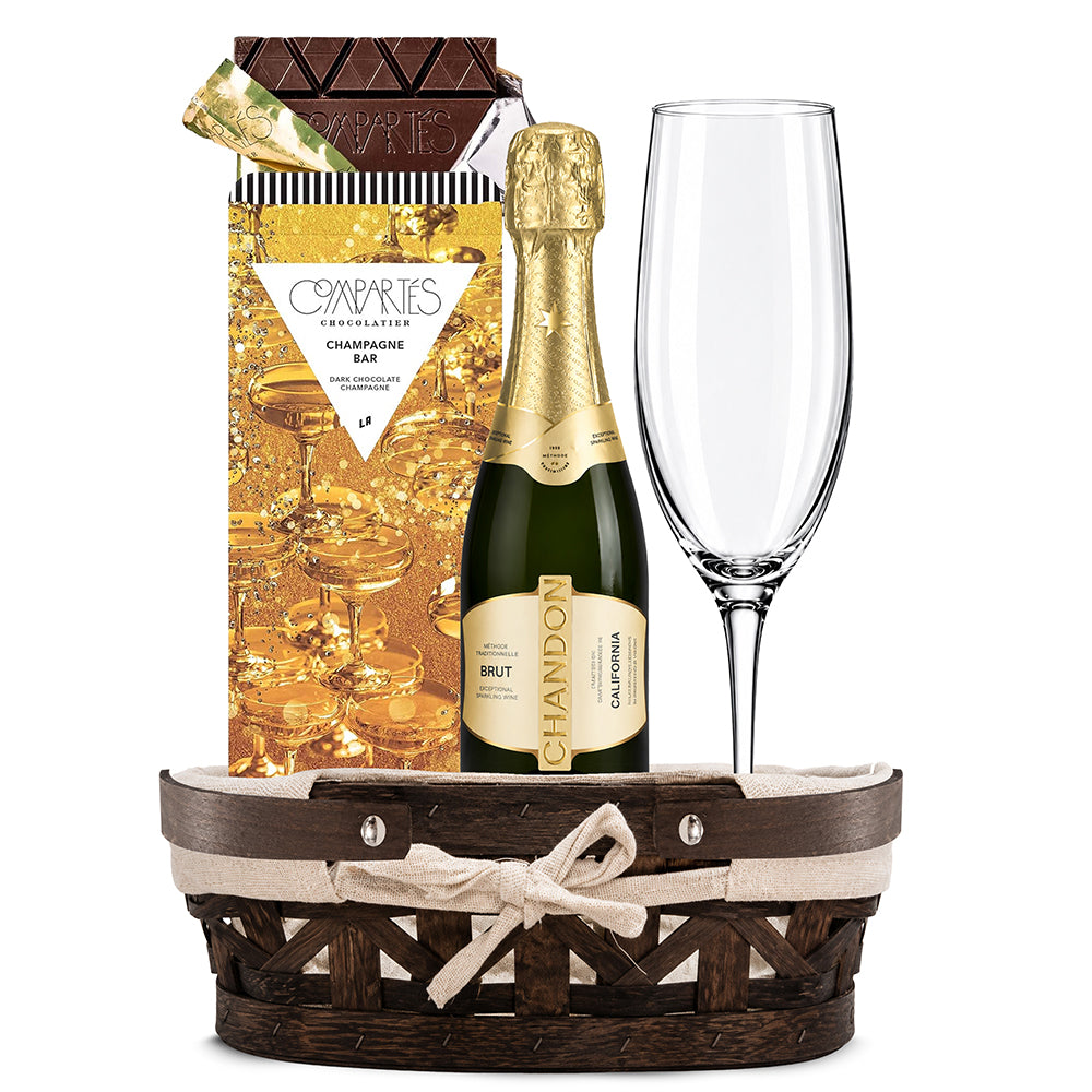 Chandon Brut California Sparkling Wine Gift Basket with Champagne Flute & Compartés Champagne Chocolate Gift Set | Bottle Engraving