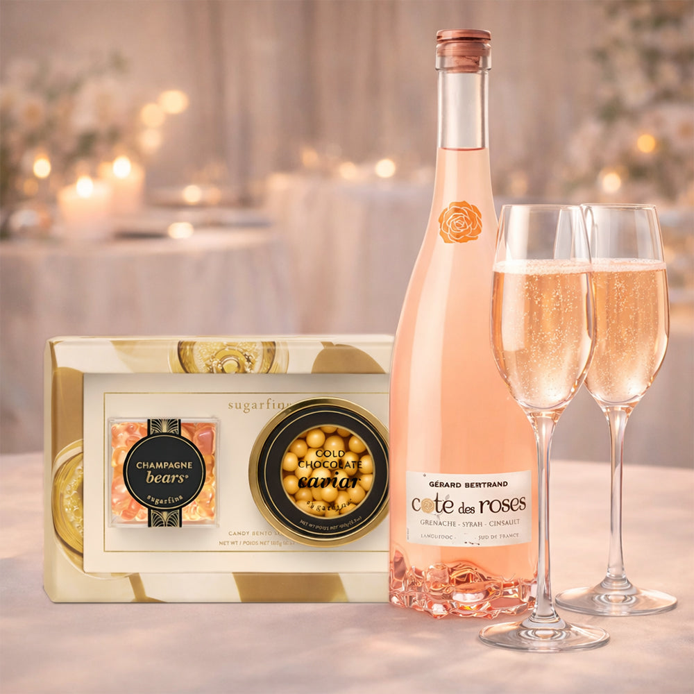 Gérard Bertrand Côte des Roses Rosé & Sugarfina Candy Gift Set with Champagne Flutes Engraved for Free | Bottle Engraving