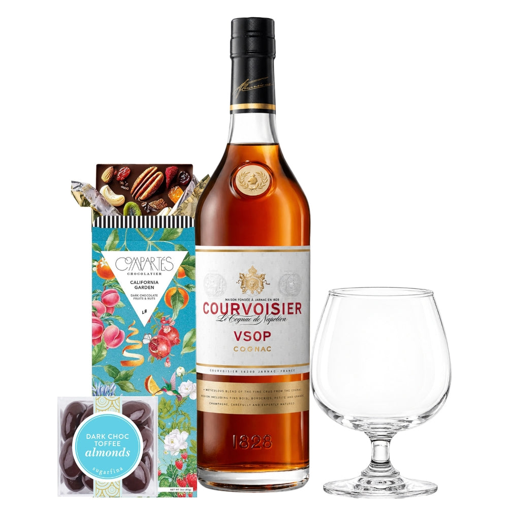 Courvosier VSOP with Compartes Chocolate, Sniffer Glass and Sugarfina Toffee Almonds Candy Gift Set | Bottle Engraving