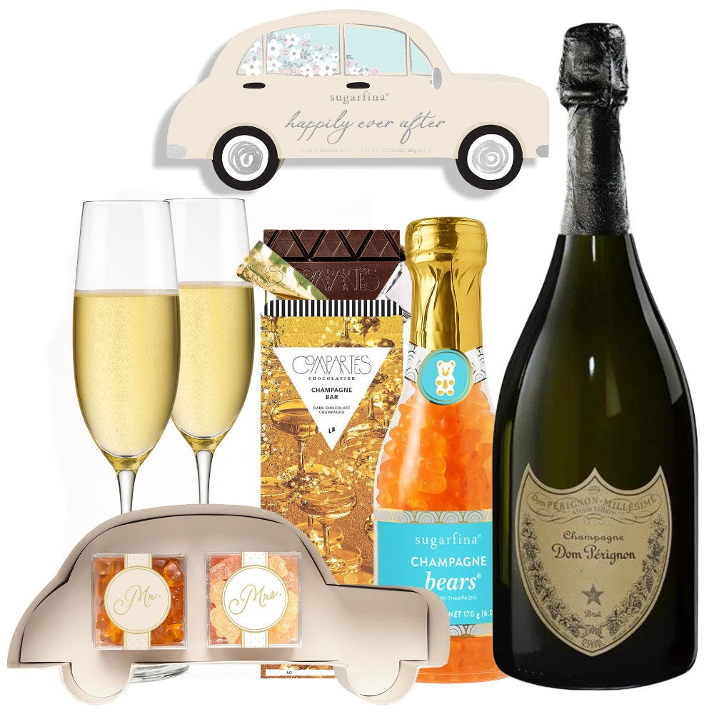 Dom Perignon Champagne Wedding Candy Gift Set With Customizable Champagne Flutes | Bottle Engraving