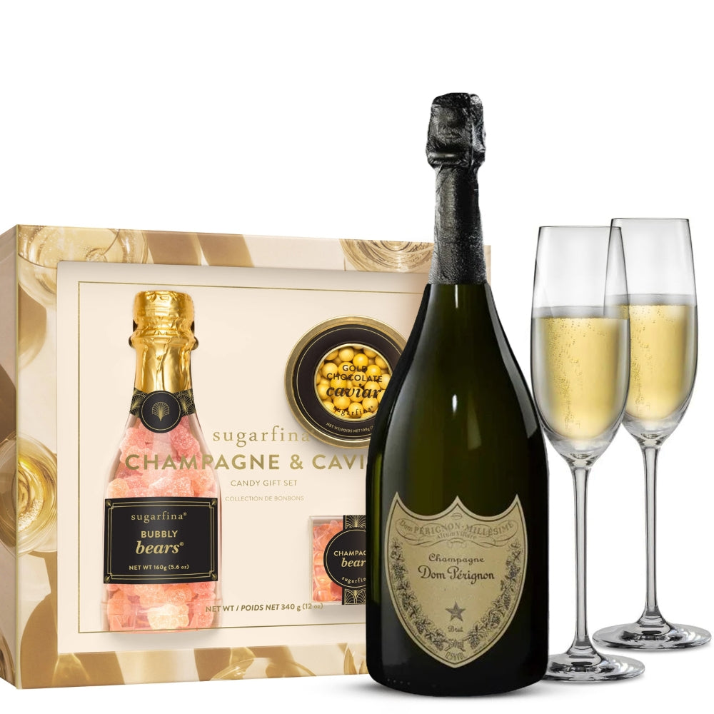 Dom Perignon Champagne and Caviar Gift Set with Customizable Flutes and Sugarfina Caviar Candy Set | Bottle Engraving
