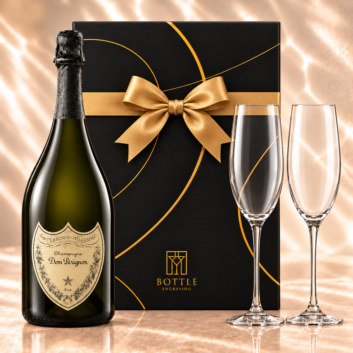 Dom Pérignon Champagne gift set with two champagne flutes and a black Bottle Engraving gift box tied with a gold bow.