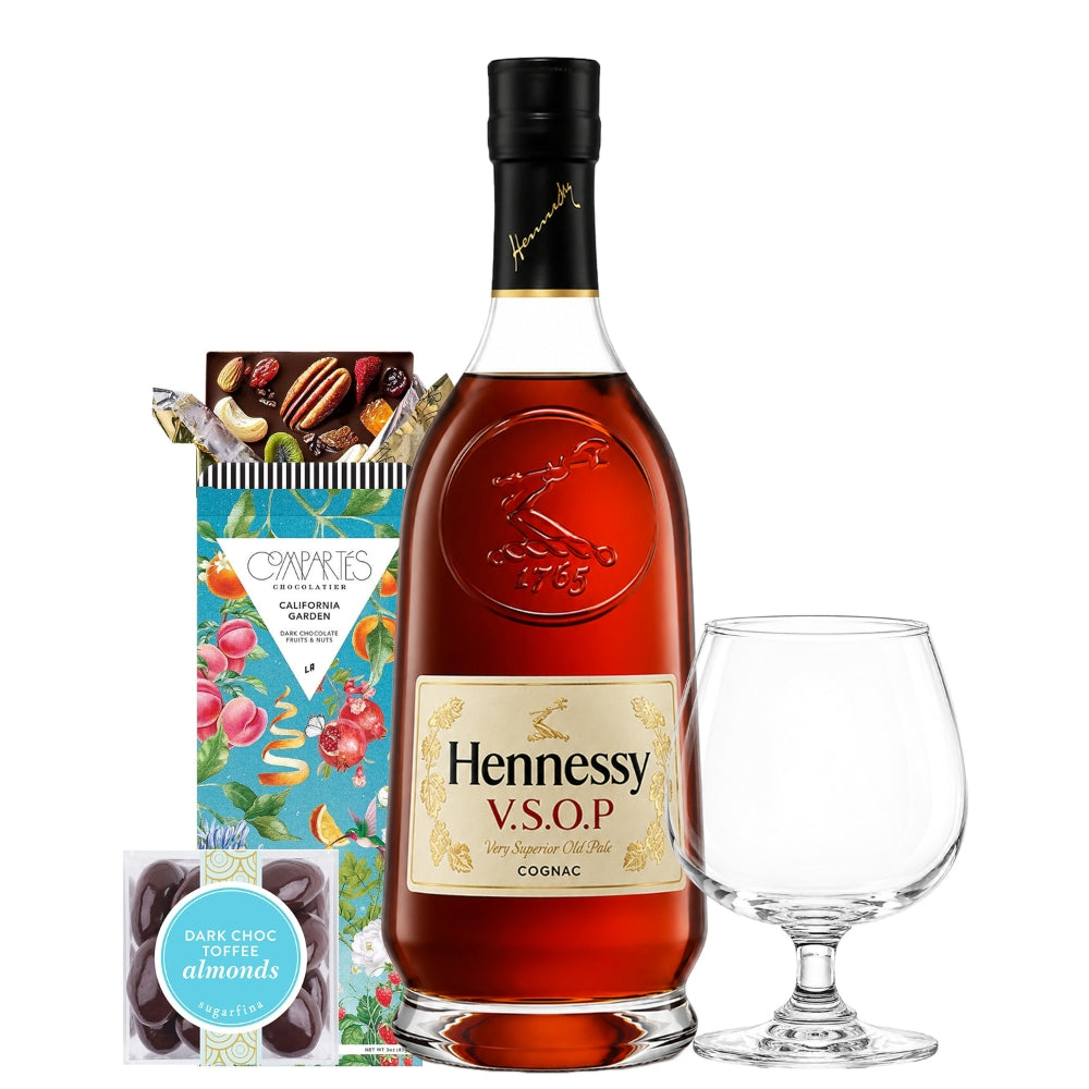 Hennessy VSOP with Compartes Chocolate, Sniffer Glass and Sugarfina Toffee Almonds Candy Gift Set | Bottle Engraving