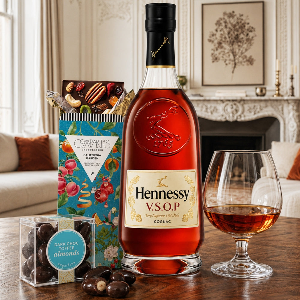 Hennessy VSOP with Compartes Chocolate, Sniffer Glass and Sugarfina Toffee Almonds Candy Gift Set | Bottle Engraving